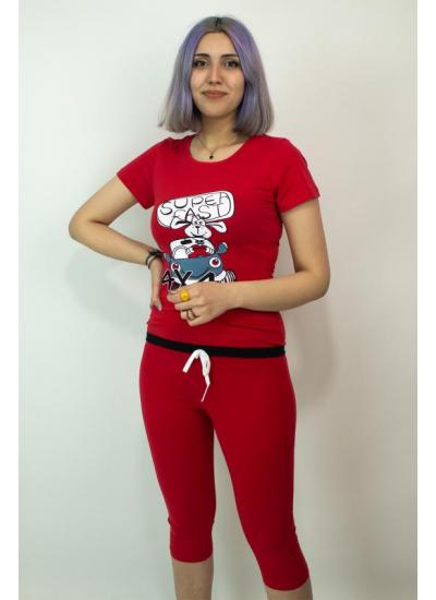 Kadın Teknur Baskılı Kapri T-Shirt Pijama Takımı Kırmızı