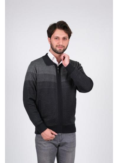 Çizgi Triko Erkek Battal Boy Polo Yaka Astarlı Triko Mont Fermuarlı Desenli 3XL - 4XL - 5XL - LACİVERT / GRİ