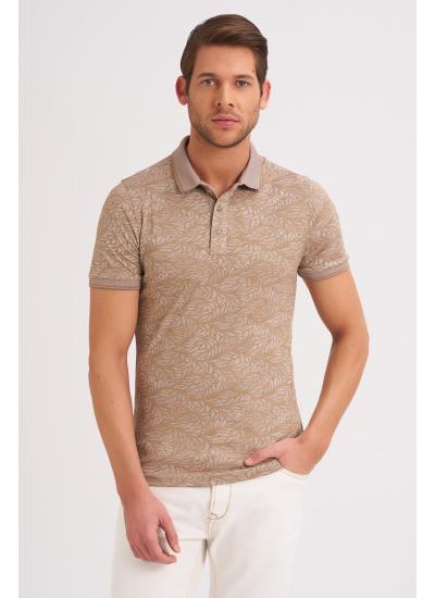 Çizgi Triko Erkek Slim Fit Polo Yaka Tişört Kolu Lastikli Desenli Günlük - Bej