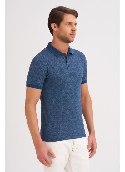 Çizgi Triko Erkek Tişört Slim Fit Polo Yaka Desenli Kolu Lastikli %100 Pamuk Kumaş - Marin